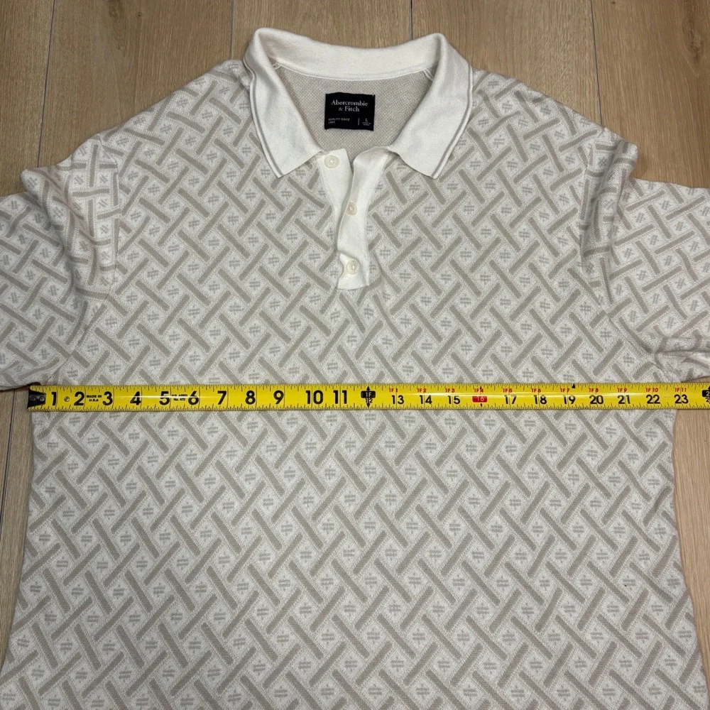 Abercrombie & Fitch Mens Large Geometric Knit Sweater Polo Shirt Cream Tan L